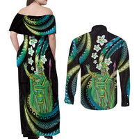 Hawaii King Kamehameha Couples Matching Off Shoulder Maxi Dress and Long Sleeve Button Shirt Fantastic Plumeria Chartreuse Cyan LT01 - Polynesian Pride