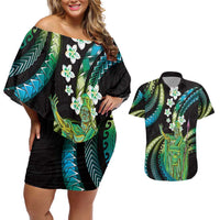 Hawaii King Kamehameha Couples Matching Off Shoulder Short Dress and Hawaiian Shirt Fantastic Plumeria Chartreuse Cyan