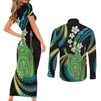Hawaii King Kamehameha Couples Matching Short Sleeve Bodycon Dress and Long Sleeve Button Shirt Fantastic Plumeria Chartreuse Cyan LT01 - Polynesian Pride