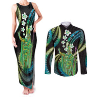 Hawaii King Kamehameha Couples Matching Tank Maxi Dress and Long Sleeve Button Shirt Fantastic Plumeria Chartreuse Cyan LT01 Cyan - Polynesian Pride