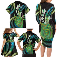 Hawaii King Kamehameha Family Matching Long Sleeve Bodycon Dress and Hawaiian Shirt Fantastic Plumeria Chartreuse Cyan LT01 - Polynesian Pride