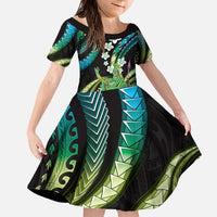 Hawaii King Kamehameha Family Matching Off The Shoulder Long Sleeve Dress and Hawaiian Shirt Fantastic Plumeria Chartreuse Cyan LT01 Daughter's Dress Cyan - Polynesian Pride