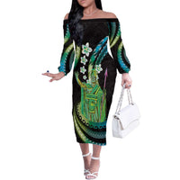 Hawaii King Kamehameha Family Matching Off The Shoulder Long Sleeve Dress and Hawaiian Shirt Fantastic Plumeria Chartreuse Cyan LT01 Mom's Dress Cyan - Polynesian Pride