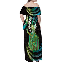 Hawaii King Kamehameha Family Matching Off Shoulder Maxi Dress and Hawaiian Shirt Fantastic Plumeria Chartreuse Cyan LT01 - Polynesian Pride