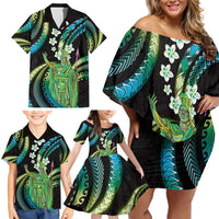 Hawaii King Kamehameha Family Matching Off Shoulder Short Dress and Hawaiian Shirt Fantastic Plumeria Chartreuse Cyan LT01 - Polynesian Pride