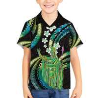 Hawaii King Kamehameha Family Matching Off Shoulder Short Dress and Hawaiian Shirt Fantastic Plumeria Chartreuse Cyan LT01 Son's Shirt Cyan - Polynesian Pride