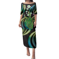 Hawaii King Kamehameha Family Matching Puletasi and Hawaiian Shirt Fantastic Plumeria Chartreuse Cyan LT01 Mom's Dress Cyan - Polynesian Pride