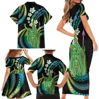 Hawaii King Kamehameha Family Matching Short Sleeve Bodycon Dress and Hawaiian Shirt Fantastic Plumeria Chartreuse Cyan LT01 - Polynesian Pride