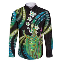 Hawaii King Kamehameha Family Matching Short Sleeve Bodycon Dress and Hawaiian Shirt Fantastic Plumeria Chartreuse Cyan LT01 Dad's Shirt - Long Sleeve Cyan - Polynesian Pride