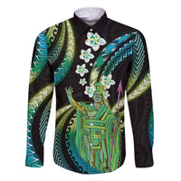 Hawaii King Kamehameha Family Matching Tank Maxi Dress and Hawaiian Shirt Fantastic Plumeria Chartreuse Cyan LT01 Dad's Shirt - Long Sleeve Cyan - Polynesian Pride