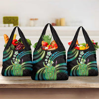 Hawaii King Kamehameha Grocery Bag Fantastic Plumeria Chartreuse Cyan