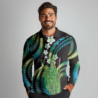 Hawaii King Kamehameha Long Sleeve Polo Shirt Fantastic Plumeria Chartreuse Cyan LT01 - Polynesian Pride