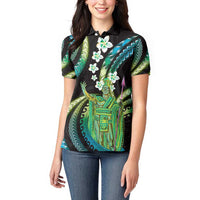 Hawaii King Kamehameha Women Polo Shirt Fantastic Plumeria Chartreuse Cyan LT01 - Polynesian Pride