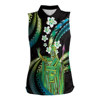 Hawaii King Kamehameha Women Sleeveless Polo Shirt Fantastic Plumeria Chartreuse Cyan LT01 Female Cyan - Polynesian Pride