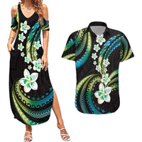 Hawaii Plumeria Couples Matching Summer Maxi Dress and Hawaiian Shirt Chartreuse Cyan Polynesian Pattern