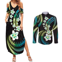 Hawaii Plumeria Couples Matching Summer Maxi Dress and Long Sleeve Button Shirt Chartreuse Cyan Polynesian Pattern