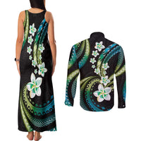 Hawaii Plumeria Couples Matching Tank Maxi Dress and Long Sleeve Button Shirt Chartreuse Cyan Polynesian Pattern