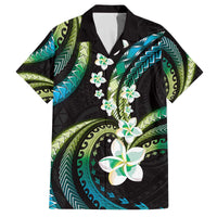 Hawaii Plumeria Family Matching Off The Shoulder Long Sleeve Dress and Hawaiian Shirt Chartreuse Cyan Polynesian Pattern