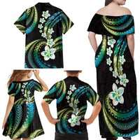 Hawaii Plumeria Family Matching Off Shoulder Maxi Dress and Hawaiian Shirt Chartreuse Cyan Polynesian Pattern LT01 - Polynesian Pride