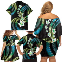 Hawaii Plumeria Family Matching Off Shoulder Short Dress and Hawaiian Shirt Chartreuse Cyan Polynesian Pattern