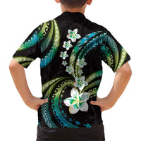 Hawaii Plumeria Family Matching Short Sleeve Bodycon Dress and Hawaiian Shirt Chartreuse Cyan Polynesian Pattern