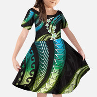 Hawaii Plumeria Family Matching Short Sleeve Bodycon Dress and Hawaiian Shirt Chartreuse Cyan Polynesian Pattern
