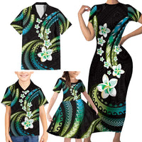 Hawaii Plumeria Family Matching Short Sleeve Bodycon Dress and Hawaiian Shirt Chartreuse Cyan Polynesian Pattern