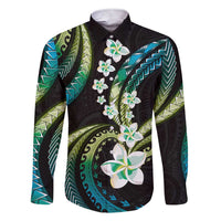 Hawaii Plumeria Family Matching Short Sleeve Bodycon Dress and Hawaiian Shirt Chartreuse Cyan Polynesian Pattern