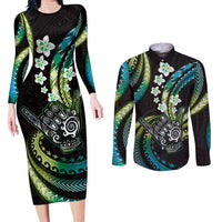 Hawaii Shaka Sign Couples Matching Long Sleeve Bodycon Dress and Long Sleeve Button Shirt Fantastic Frangipani Chartreuse Cyan LT01 Cyan - Polynesian Pride