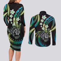 Hawaii Shaka Sign Couples Matching Long Sleeve Bodycon Dress and Long Sleeve Button Shirt Fantastic Frangipani Chartreuse Cyan LT01 - Polynesian Pride