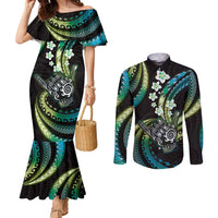 Hawaii Shaka Sign Couples Matching Mermaid Dress and Long Sleeve Button Shirt Fantastic Frangipani Chartreuse Cyan LT01 Cyan - Polynesian Pride