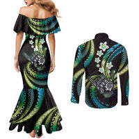 Hawaii Shaka Sign Couples Matching Mermaid Dress and Long Sleeve Button Shirt Fantastic Frangipani Chartreuse Cyan LT01 - Polynesian Pride
