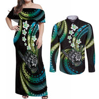 Hawaii Shaka Sign Couples Matching Off Shoulder Maxi Dress and Long Sleeve Button Shirt Fantastic Frangipani Chartreuse Cyan LT01 Cyan - Polynesian Pride