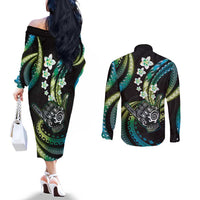 Hawaii Shaka Sign Couples Matching Off The Shoulder Long Sleeve Dress and Long Sleeve Button Shirt Fantastic Frangipani Chartreuse Cyan LT01 - Polynesian Pride