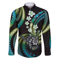 Hawaii Shaka Sign Family Matching Mermaid Dress and Hawaiian Shirt Fantastic Frangipani Chartreuse Cyan LT01 Dad's Shirt - Long Sleeve Cyan - Polynesian Pride