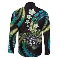 Hawaii Shaka Sign Family Matching Off The Shoulder Long Sleeve Dress and Hawaiian Shirt Fantastic Frangipani Chartreuse Cyan