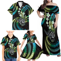 Hawaii Shaka Sign Family Matching Off Shoulder Maxi Dress and Hawaiian Shirt Fantastic Frangipani Chartreuse Cyan LT01 - Polynesian Pride