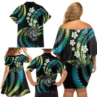 Hawaii Shaka Sign Family Matching Off Shoulder Short Dress and Hawaiian Shirt Fantastic Frangipani Chartreuse Cyan