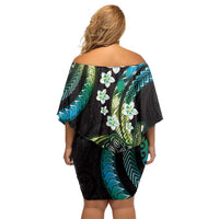 Hawaii Shaka Sign Family Matching Off Shoulder Short Dress and Hawaiian Shirt Fantastic Frangipani Chartreuse Cyan