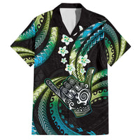 Hawaii Shaka Sign Family Matching Puletasi and Hawaiian Shirt Fantastic Frangipani Chartreuse Cyan LT01 Dad's Shirt - Short Sleeve Cyan - Polynesian Pride