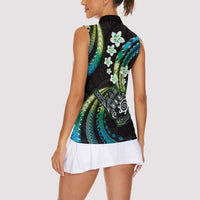 Hawaii Shaka Sign Women Sleeveless Polo Shirt Fantastic Frangipani Chartreuse Cyan LT01 - Polynesian Pride