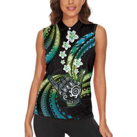 Hawaii Shaka Sign Women Sleeveless Polo Shirt Fantastic Frangipani Chartreuse Cyan LT01 - Polynesian Pride