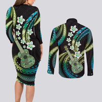 Hawaiian Ukulele Couples Matching Long Sleeve Bodycon Dress and Long Sleeve Button Shirt Chartreuse Cyan Fantastic Plumeria LT01 - Polynesian Pride