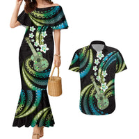 Hawaiian Ukulele Couples Matching Mermaid Dress and Hawaiian Shirt Chartreuse Cyan Fantastic Plumeria LT01 Cyan - Polynesian Pride