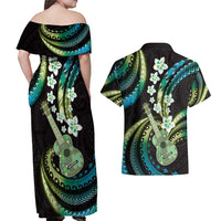 Hawaiian Ukulele Couples Matching Off Shoulder Maxi Dress and Hawaiian Shirt Chartreuse Cyan Fantastic Plumeria LT01 - Polynesian Pride