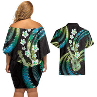 Hawaiian Ukulele Couples Matching Off Shoulder Short Dress and Hawaiian Shirt Chartreuse Cyan Fantastic Plumeria LT01 - Polynesian Pride