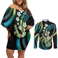 Hawaiian Ukulele Couples Matching Off Shoulder Short Dress and Long Sleeve Button Shirt Chartreuse Cyan Fantastic Plumeria LT01 Cyan - Polynesian Pride