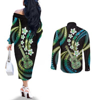 Hawaiian Ukulele Couples Matching Off The Shoulder Long Sleeve Dress and Long Sleeve Button Shirt Chartreuse Cyan Fantastic Plumeria LT01 - Polynesian Pride