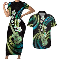 Hawaiian Ukulele Couples Matching Short Sleeve Bodycon Dress and Hawaiian Shirt Chartreuse Cyan Fantastic Plumeria LT01 Cyan - Polynesian Pride