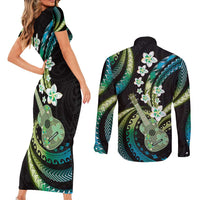Hawaiian Ukulele Couples Matching Short Sleeve Bodycon Dress and Long Sleeve Button Shirt Chartreuse Cyan Fantastic Plumeria LT01 - Polynesian Pride